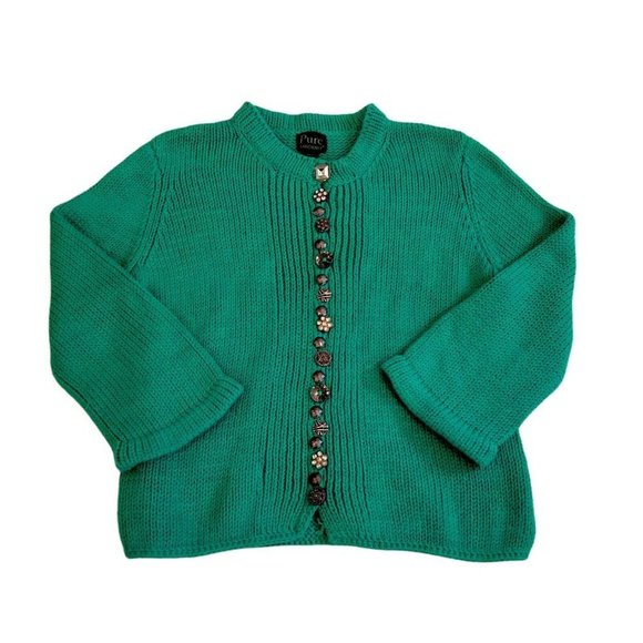 Pure Handknit Green Cardigan Cotton Ornate Buttons Chunky Size M/L - Picture 4 of 11